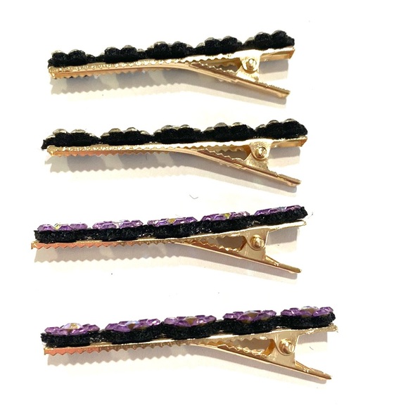 Hair Clips Clear And Purple Rhinestone Flowers Gold Tone Set Of 4 - Picture 4 of 4